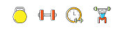 健身和锻炼相关的矢量线图标。大纲符号集合