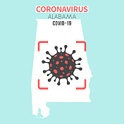 阿拉巴马州地图，红色取景器中有冠状病毒细胞(COVID-19)