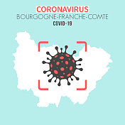 勃艮第-弗朗契-孔德地图，红色取景器中有冠状病毒细胞(COVID-19)