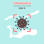开曼群岛地图，红色取景器显示冠状病毒细胞(COVID-19)