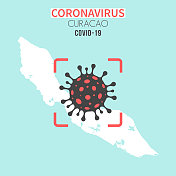 库拉索岛地图，红色取景器显示冠状病毒细胞(COVID-19)