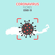 红色取景器中带有冠状病毒细胞(COVID-19)的弗洛雷斯地图