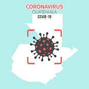 危地马拉地图，红色取景器中有冠状病毒细胞(COVID-19)