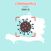 海地地图，红色取景器中有冠状病毒细胞(COVID-19)