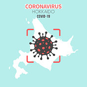 北海道地图,红色取景器显示冠状病毒(COVID-19)细胞 北海道地图,红色取景器显示冠状病毒(COVID-19)细胞