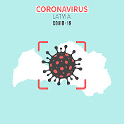 拉脱维亚地图，红色取景器显示冠状病毒(COVID-19)细胞