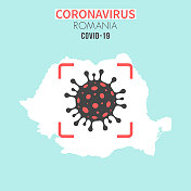 罗马尼亚地图，红色取景器中有冠状病毒细胞(COVID-19)