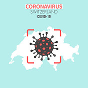 瑞士地图，红色取景器中有冠状病毒细胞(COVID-19)