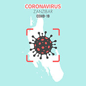 桑给巴尔地图，红色取景器中有冠状病毒细胞(COVID-19)