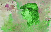 时尚插图寓言人物艺术品画象征性的水平水彩肖像印象派侧面年轻男子与长头发在一个绿色明亮的背景在春天的颜色从水彩污点
