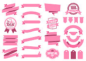 一套粉色丝带，横幅，徽章，标签-设计元素在白色的背景