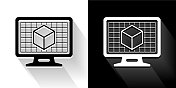 3D立方体在桌面屏幕上的黑色和白色图标与长阴影