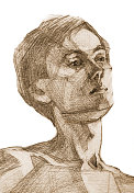 时髦的图形插图现代艺术作品寓言原始的棕褐色铅笔画在纸上印象派象征性的垂直肖像浪漫的英俊的年轻人与黑色短发孤立在白色的背景