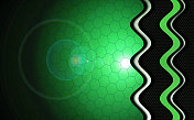 绿色遮荫技术背景与彩色装饰透明圈，镜头光晕和曲线线。