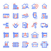 房地产相关线图标的设置。可编辑的中风。简单的轮廓图标。