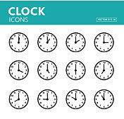 一组时钟时间图标，指针以一小时为增量