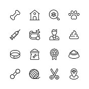 宠物图标。可编辑的中风。像素完美。移动和网络。包含如狗骨头，小屋，昆虫，动物爪子，注射器，兽医，犬舍，梳洗，宠物项圈，宠物食品等图标。