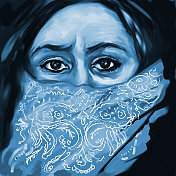 时尚插画现代艺术寓言油画印象派肖像女性保护呼吸道免受冠状病毒感染，用蓝色的深色背景围巾遮住脸部
