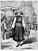 19世纪的德国汉堡，一名妇女提着篮子的农产品在市场上