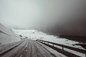 暴风雪期间，冰岛空无一人的道路