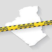 阿尔及利亚地图与冠状病毒警告胶带。Covid-19爆发