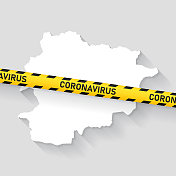 安道尔地图与冠状病毒警告胶带。Covid-19爆发