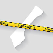带冠状病毒警告胶带的加沙地带地图。Covid-19爆发