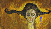 时尚复古的插图寓言的艺术作品我的油画在画布上印象派原始水平象征性肖像脸女孩长长的脖子和长长的黑发在棕黄色的傍晚背景