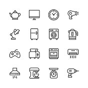 电器线路图标。可编辑的中风。像素完美。移动和网络。包含如锅，时钟，电吹风，冰箱，洗衣机，游戏Pad，烤面包机，空调，工作工具等图标。