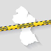 圭亚那地图与冠状病毒警告胶带。Covid-19爆发