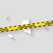 带冠状病毒警告胶带的皮特凯恩群岛地图。Covid-19爆发