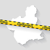 穆尔西亚地区带冠状病毒警告胶带的地图。Covid-19爆发