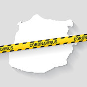 萨巴地图与冠状病毒警告胶带。Covid-19爆发