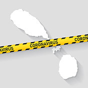 圣基茨和尼维斯地图与冠状病毒警告胶带。Covid-19爆发