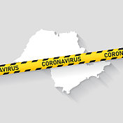 圣保罗地图与冠状病毒警告胶带。Covid-19爆发