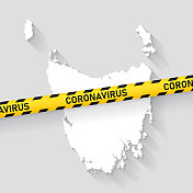 塔斯马尼亚带冠状病毒警告胶带的地图。Covid-19爆发
