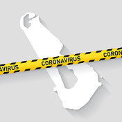 带有冠状病毒警告胶带的卫图普地图。Covid-19爆发
