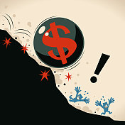 有美元标志的巨大铁球正在跌落悬崖，人们在尖叫和逃避，金融危机和经济衰退和“债务山”的概念
