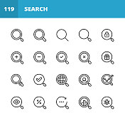 搜索图标。可编辑的中风。像素完美。移动和网络。包含搜索，搜索引擎优化，放大镜，求职，搜索，寻找，交易，数据分析，病毒，大数据，礼品搜索，推广，安全，批准等图标。