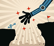 人工智能为善,人工智能将帮助人类,女商人站在悬崖边上,一面红旗在对面,一只机器人手帮助她越过悬崖 人工智能为善,人工智能将帮助人类,女商人站在悬崖边上,一面红旗在对面,一只机器人手帮助她越过悬崖