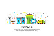 回收和零废物矢量旗帜设计概念。轮廓线图标矢量插图模板的网站，演示等。