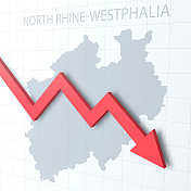落下的红色箭头，背景是北莱茵-威斯特法伦州地图