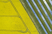 春季油菜田和太阳能发电厂鸟瞰图