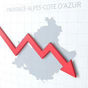 坠落的红色箭头，背景是普罗旺斯-阿尔卑斯-蔚蓝海岸地图