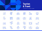 旅游和旅游相关的线路图标。可编辑的中风。简单的轮廓图标。