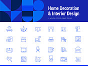室内设计和家居装饰相关的线条图标。可编辑的中风。简单的轮廓图标。