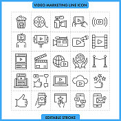 视频营销线图标设置。可编辑的中风