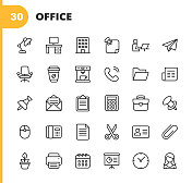 办公室的图标。可编辑的中风。像素完美。移动和网络。包含如办公桌，办公室，椅子，咖啡，文件，电脑鼠标，剪贴板，灯，消息，通信，电子邮件，名片，时钟，秘书，日历，植物等图标。