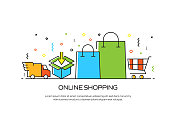 电子商务，网上购物，数字营销相关的现代线条风格插图