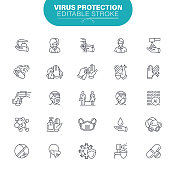 病毒保护图标。可编辑的中风。在设置图标为口罩，保持安全距离，医疗，感冒症状，发烧，打喷嚏，插图